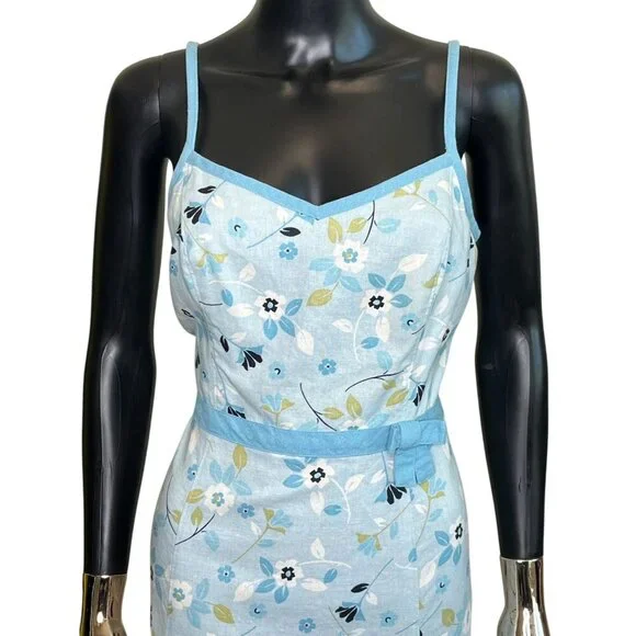 Ann Taylor Loft Floral-Print Spaghetti Strap Dress Size 8 Blue & White Linen Mix - Picture 2 of 11